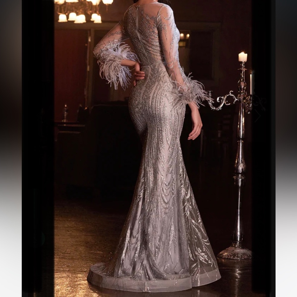 CINDERELLA DIVINE Fitted Long Glitter Evening Dress With Feathers Sleeves - Picture 3 of 16